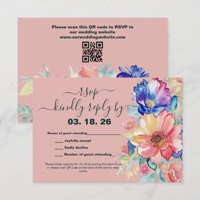 Carte de réponse de mariage corail rose floral gra (Devant / Derrière)