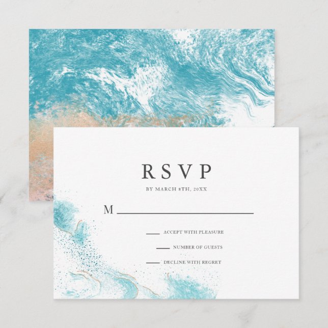 Carte de réponse de mariage côtier aux vagues bleu (Devant / Derrière)