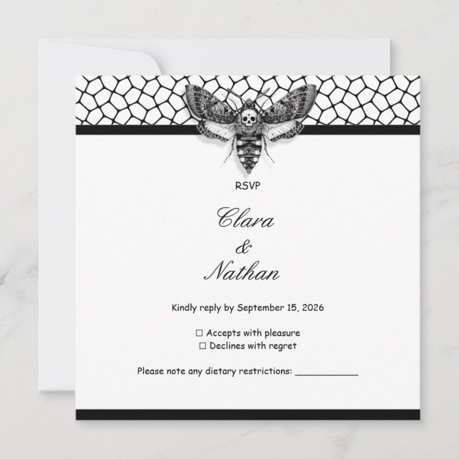 Carte de réponse de mariage crâne de papillon goth (Devant)