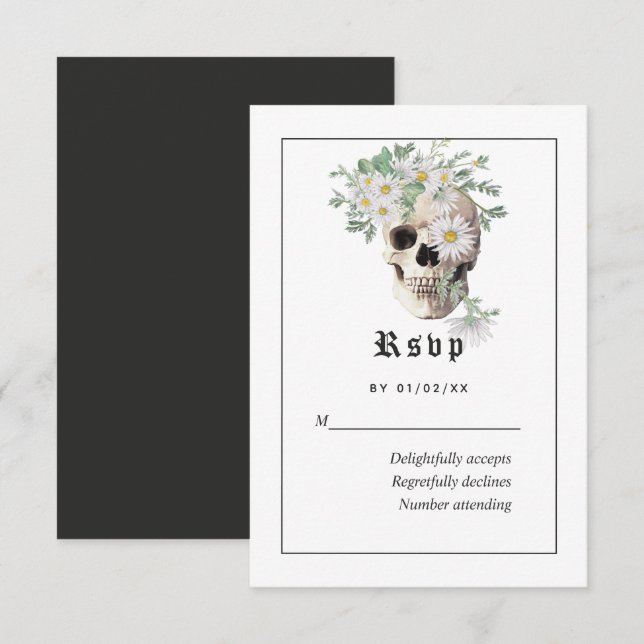 Carte de réponse de mariage crâne gothique floral (Devant / Derrière)