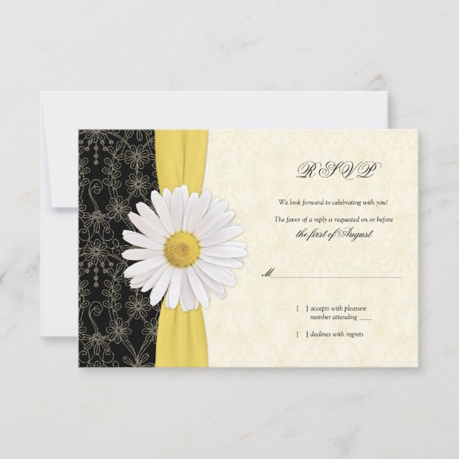 Carte de réponse de mariage Daisy noir jaune ivoir (Devant)