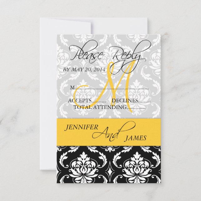 CARTE DE RÉPONSE DE MARIAGE Damask Monogramme Nom  (Devant)