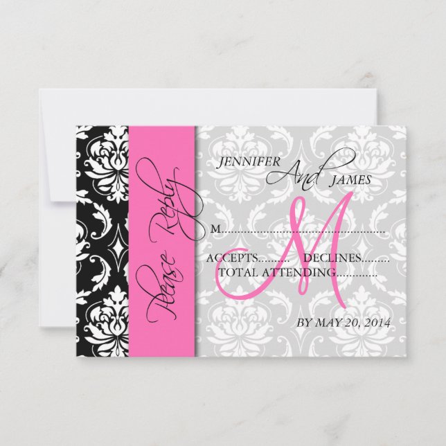 Carte de réponse de mariage Damask rose monogramme (Devant)