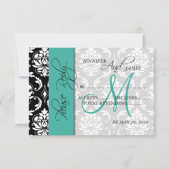 Carte de réponse de mariage Damask Turquoise Noms  (Devant)
