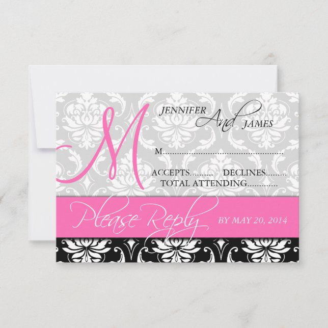 Carte de réponse de mariage damassé monogramme nom (Devant)