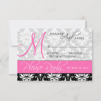 Carte de réponse de mariage damassé monogramme nom