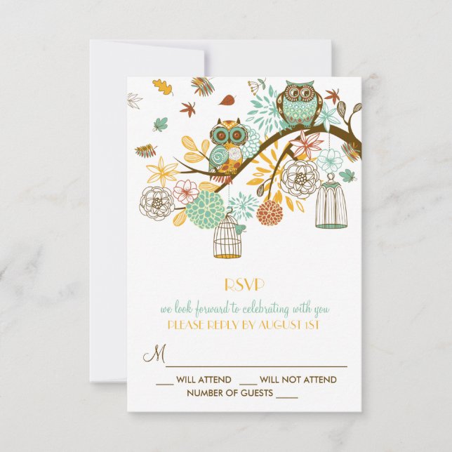 Carte de réponse de mariage d'automne aux hiboux r (Devant)