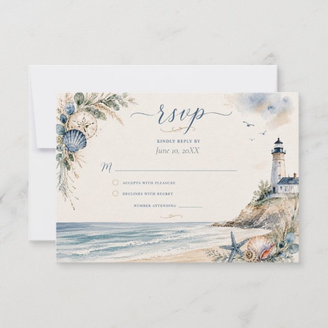 Carte de réponse de mariage de plage au phare de N (Devant)
