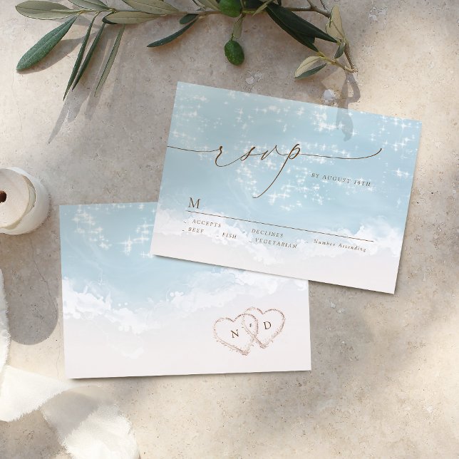 Carte de réponse de mariage de plage Cœurs de sabl (Modern Script Sand Hearts Beach Wedding RSVP Card)