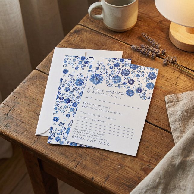 Carte de réponse de mariage de style toile florale (Blue Floral Toile style Wedding RSVP response Card)