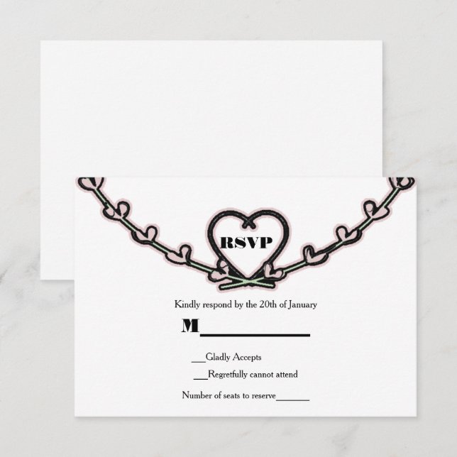 Carte de réponse de mariage de vigne de coeur rose (Devant / Derrière)
