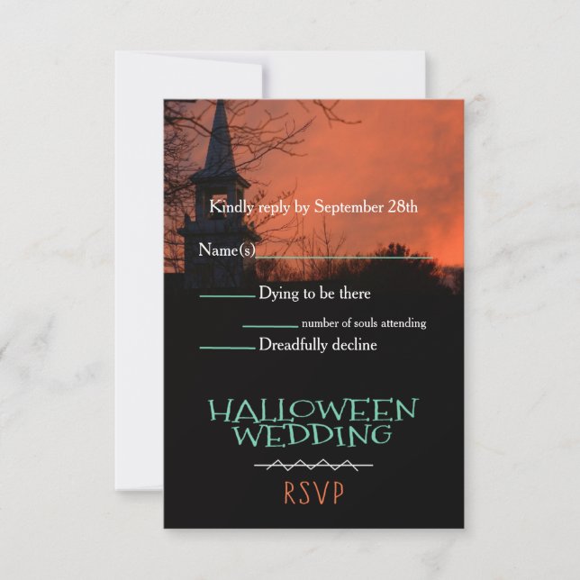 Carte de réponse de mariage d'Halloween à l'église (Devant)