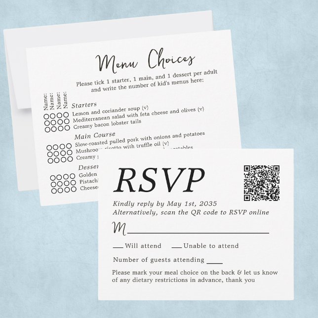 Carte de réponse de mariage élégant avec choix de  (Elegant Wedding RSVP Menu Choices 4 Guests Card
)