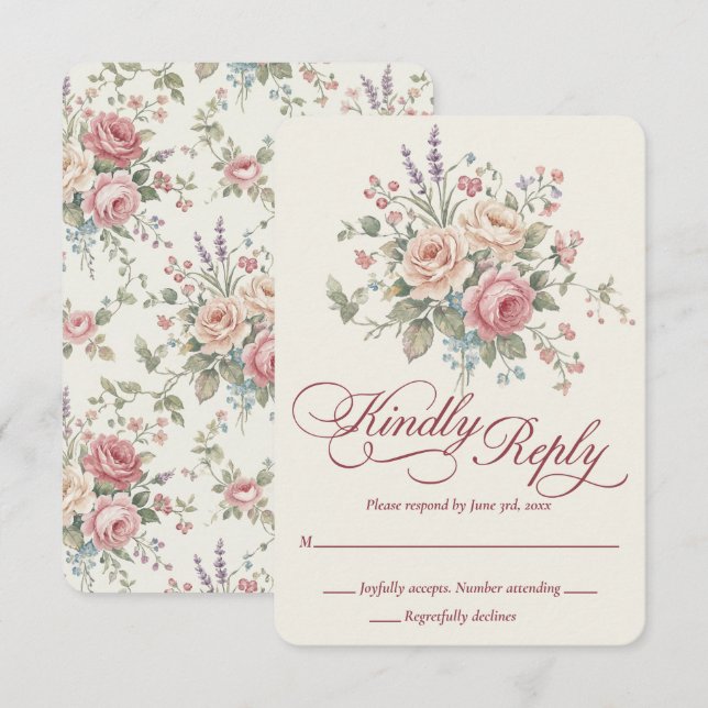Carte de réponse de mariage élégante aux roses pas (Devant / Derrière)