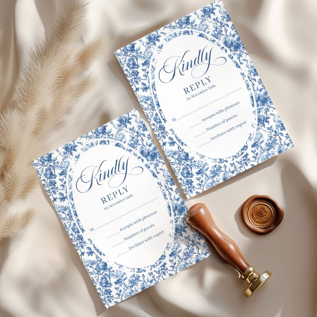 Carte de réponse de mariage élégante avec toile de (French toile de jouy roses,
Luxurious navy roses wedding rsvp,
dusty Blue flowers botanical garden,
)