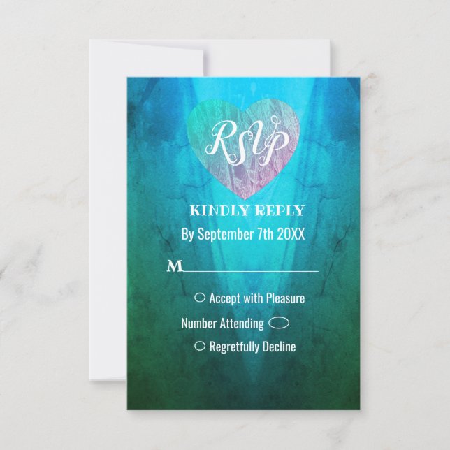 Carte de réponse de mariage élégante bleu-vert cré (Devant)