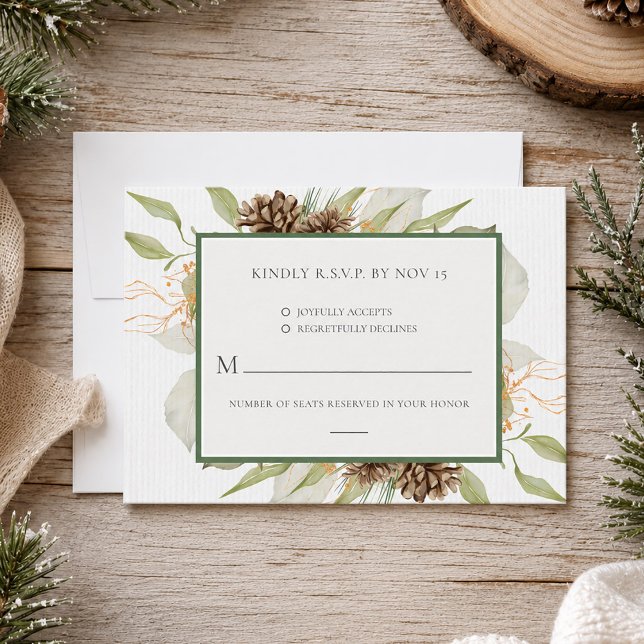 Carte de réponse de mariage élégante de la forêt b (Elegant Winter Botanical Forest Wedding RSVP Card)