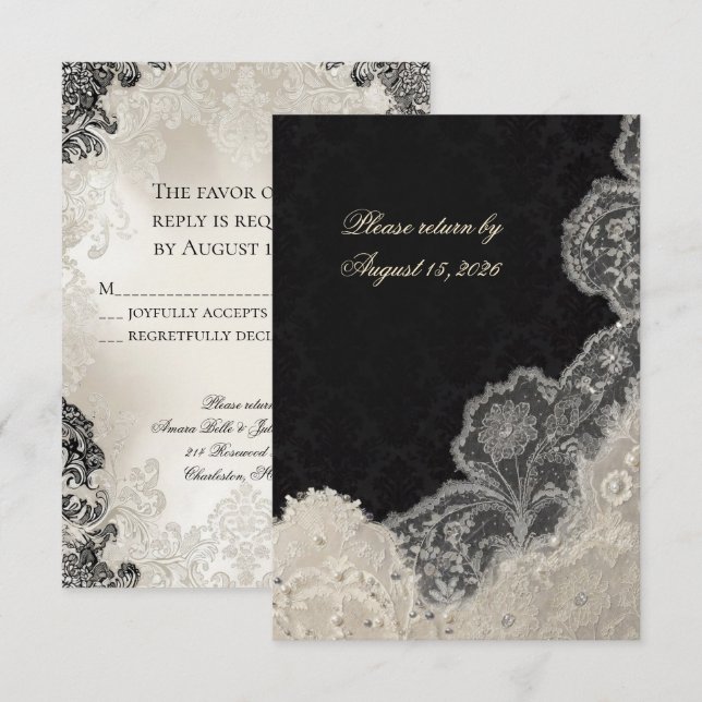 Carte de réponse de mariage élégante en noir et bl (Devant / Derrière)