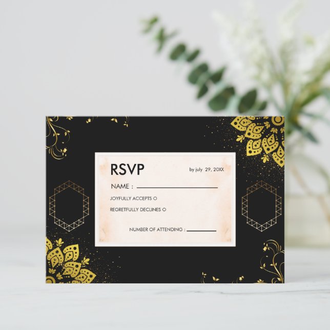 Carte de réponse de mariage élégante mandala noir  (Debout devant)
