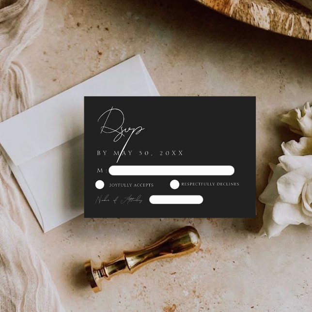 Carte de réponse de mariage élégante moderne noir  (Modern Elegant Black White Wedding RSVP Card)