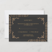 Carte de réponse de mariage élégante noire et or d