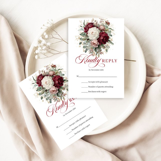 Carte de réponse de mariage élégante rouge profond (Elegant Deep Red Burgundy Wedding RSVP Card)