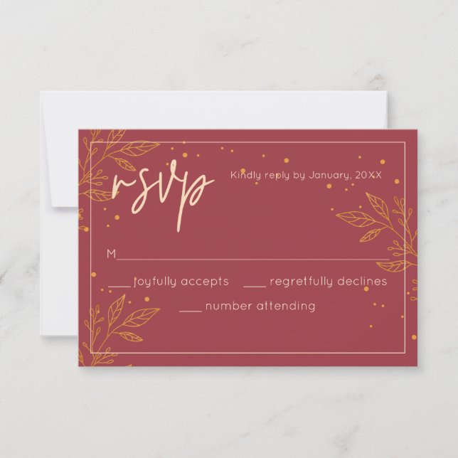 Carte de réponse de mariage élégante rubis et or (Devant)