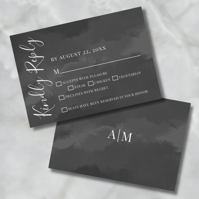Carte de réponse de mariage élégante simple noir b (Stylish Elegant Watercolor Black Wedding RSVP Card)