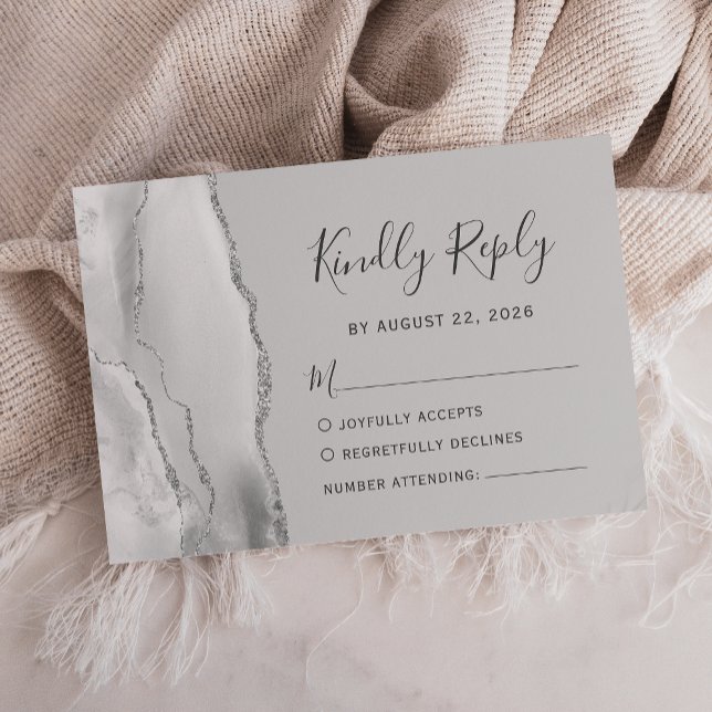 Carte de réponse de mariage en agate grise argenté (Créateur téléchargé)