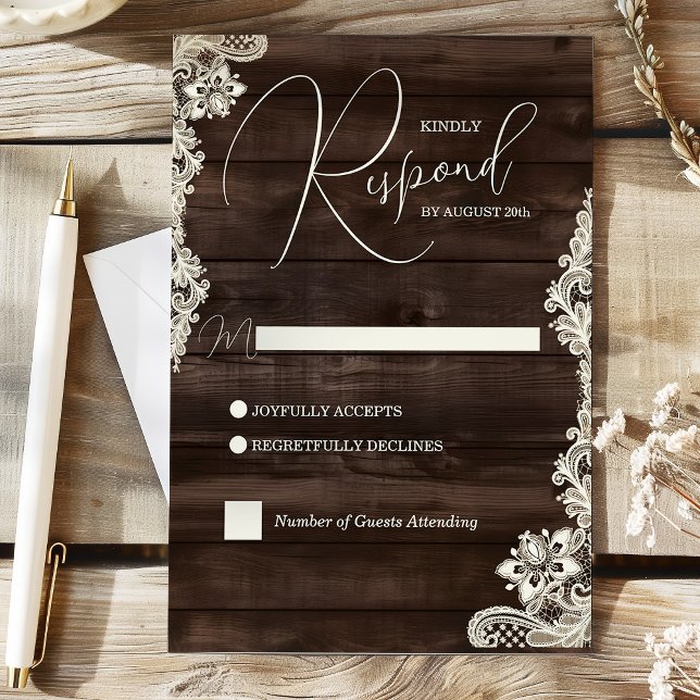 Carte de réponse de mariage en bois sombre rustiqu (Rustic Dark Wood and Lace Wedding Response Card)