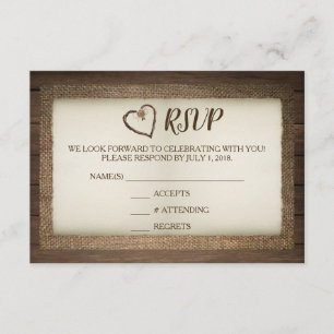 Carte de réponse de mariage en bois, toile de jute