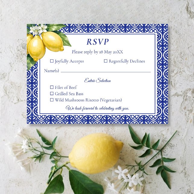 Carte de réponse de mariage en carreau bleu citron (Italian Amalfi Lemon Blue Tile Wedding RSVP Card)