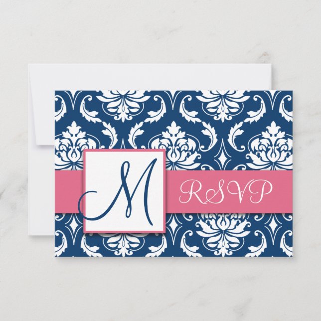 Carte de réponse de mariage en damas bleu marine a (Devant)