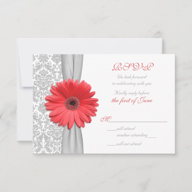 Carte de réponse de mariage en damas gris gerbera  (Devant)