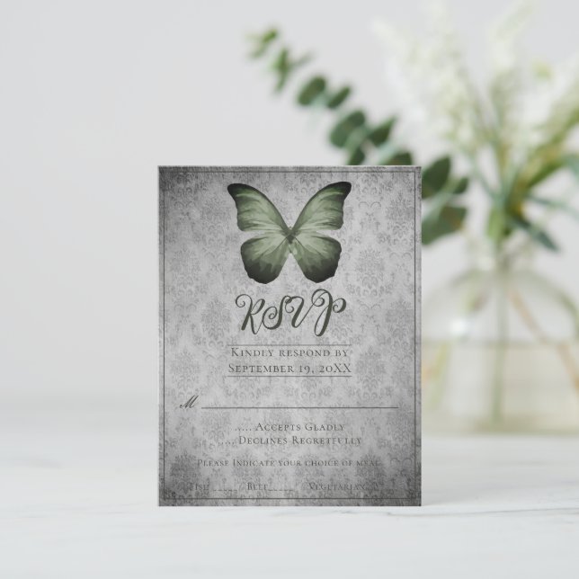 Carte de réponse de mariage en damas papillon vint (Debout devant)