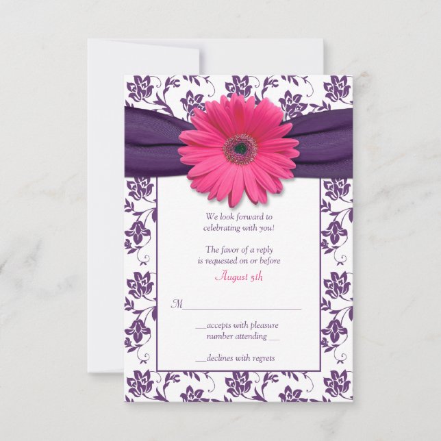 Carte de réponse de mariage en damas violet avec m (Devant)