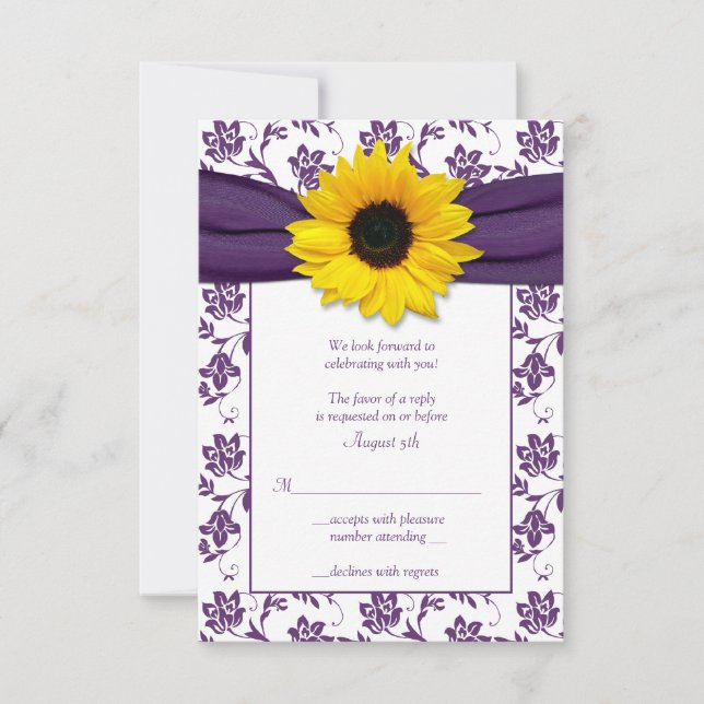 Carte de réponse de mariage en damassé floral viol (Devant)
