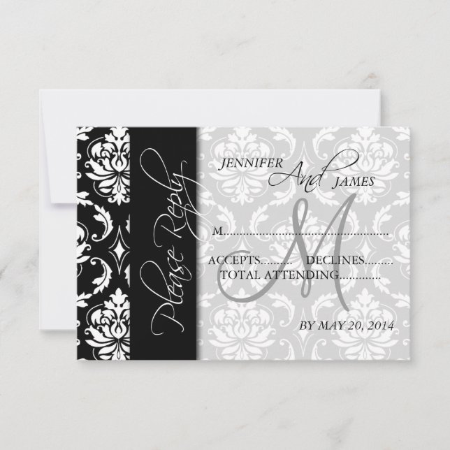 Carte de réponse de mariage en damassé noir et bla (Devant)