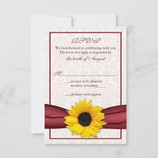 Carte de réponse de mariage en damassé ruban rouge (Devant)