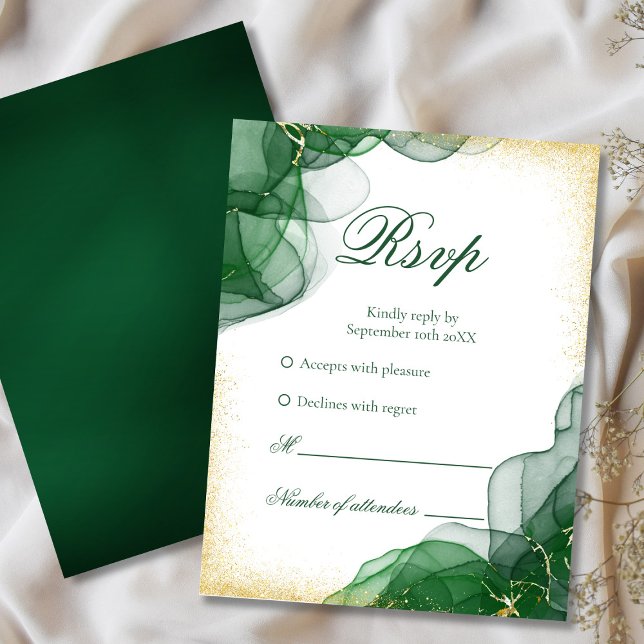 Carte de réponse de mariage en marbre blanc or ver (Elegant Emerald Green & Gold Wedding RSVP)