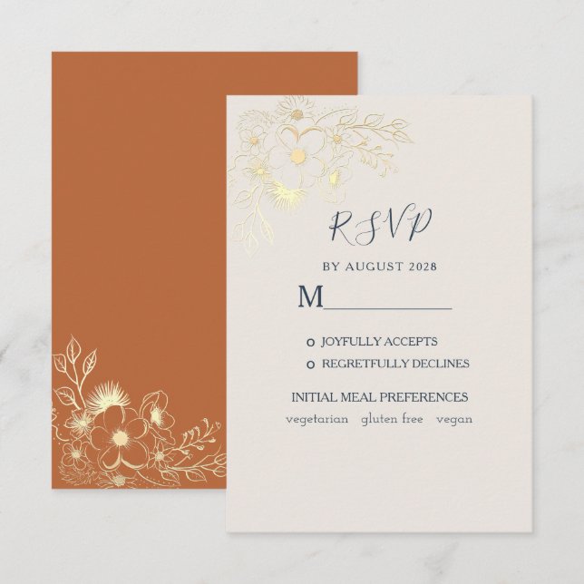 Carte de réponse de mariage en or floral doré (Devant / Derrière)