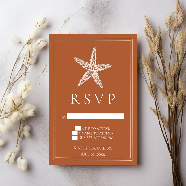 Carte de réponse de mariage Étoile de mer orange b (Burnt Orange Starfish Wedding RSVP Card)