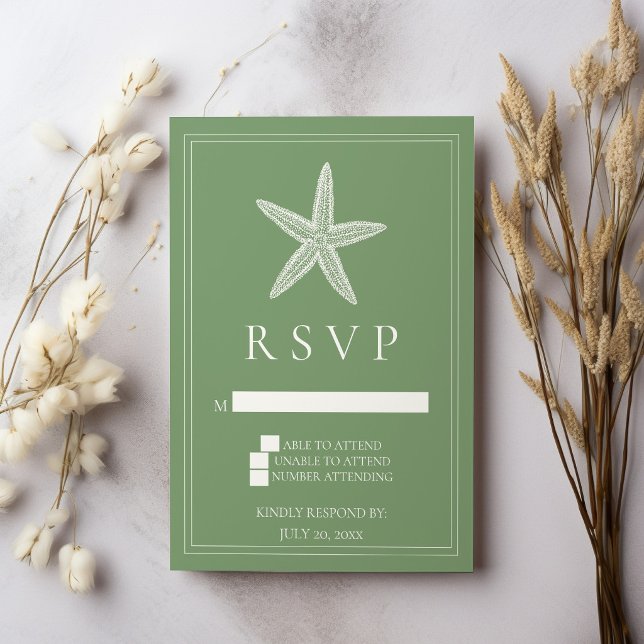 Carte de réponse de mariage Étoile de mer verte de (Moss Green Starfish Wedding RSVP Card)