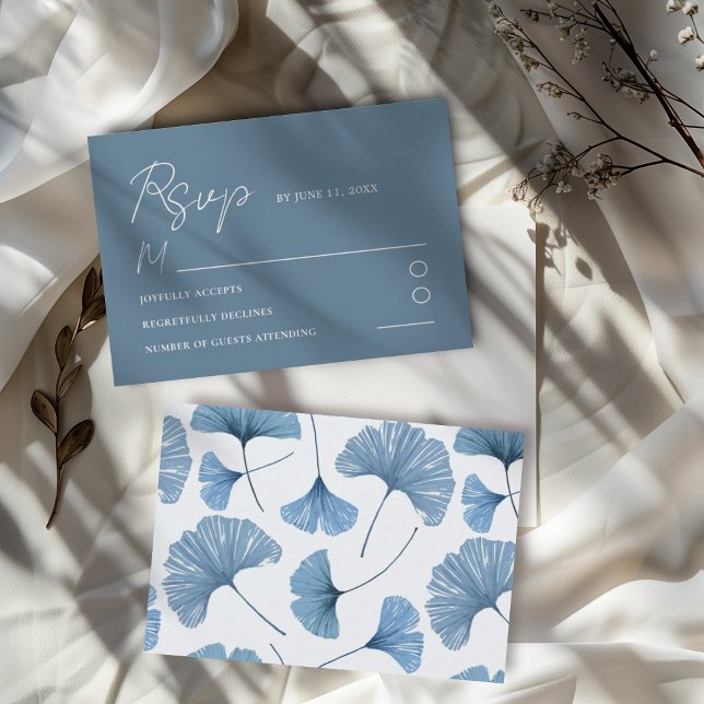 Carte de réponse de mariage feuille de ginkgo bleu (Créateur téléchargé)