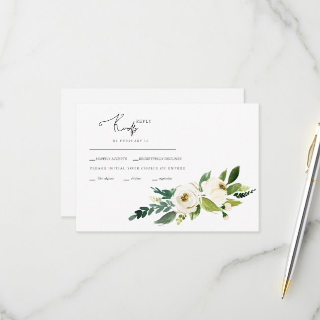 Carte de réponse de mariage Fleurs blanches (Devant/Arrière en situation)