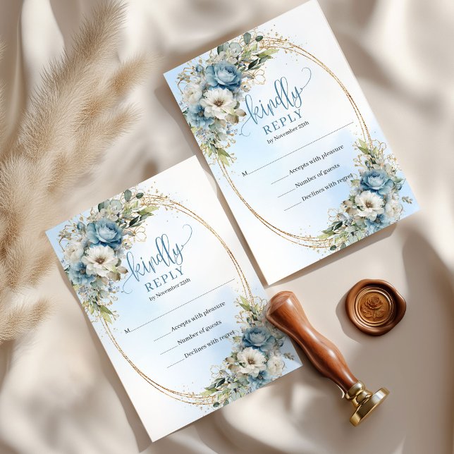 Carte de réponse de mariage Fleurs Bleues Poussiér (Chic Dusty Blue White Flowers Wedding RSVP Card

)