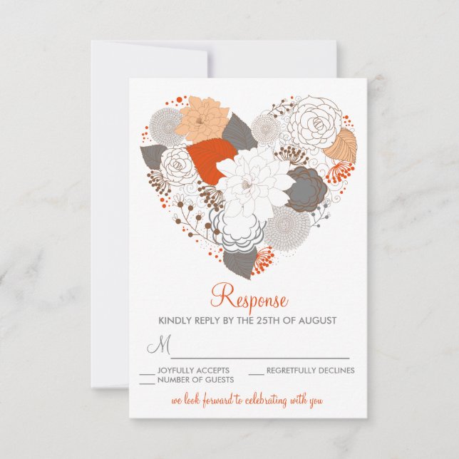 Carte de réponse de mariage Fleurs de cœur orange  (Devant)