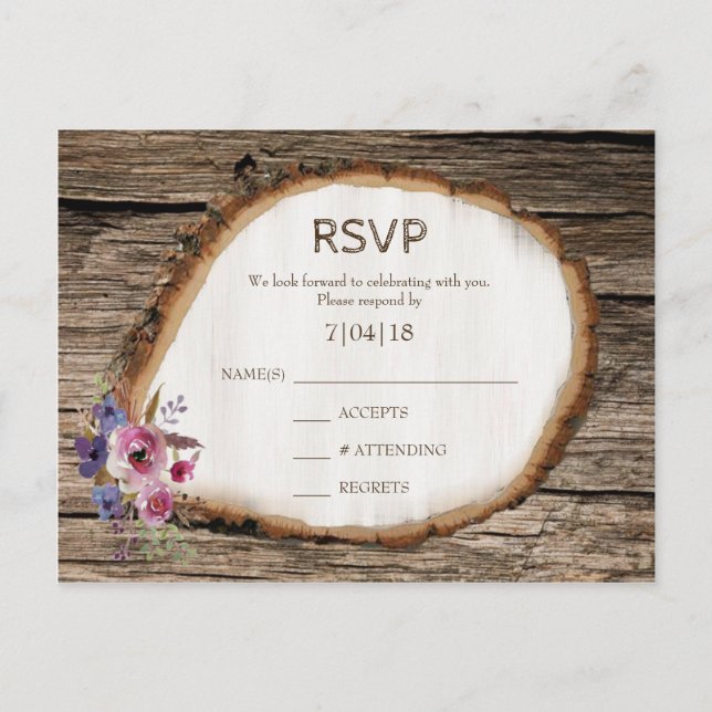 Carte de réponse de mariage Fleurs de Tronc d'Arbr (Devant)