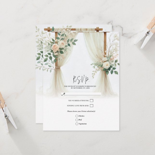 Carte de réponse de mariage Fleurs Roses en bois F (Devant/Arrière en situation)