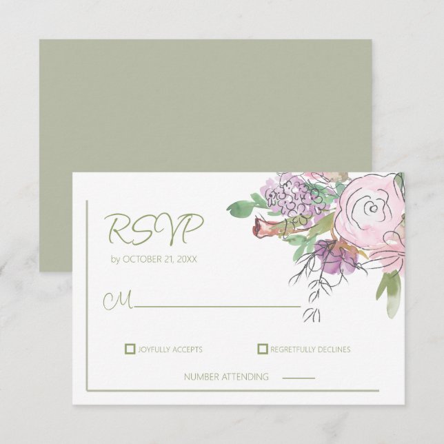 Carte de réponse de mariage floral aquarelle Boho (Devant / Derrière)